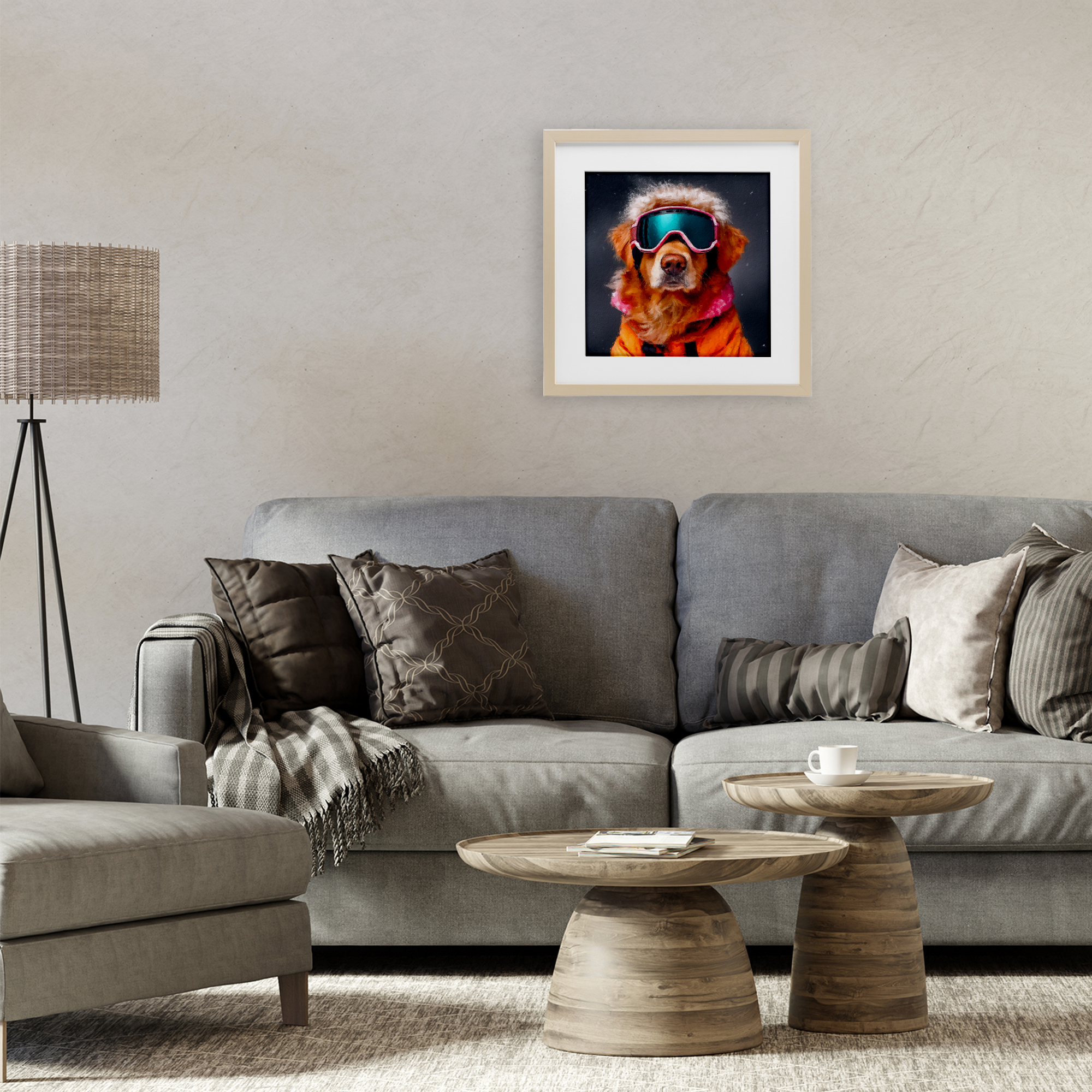 Ski Dog with Goggles Birch Framed Print Under Glass, design by Sean Parnell