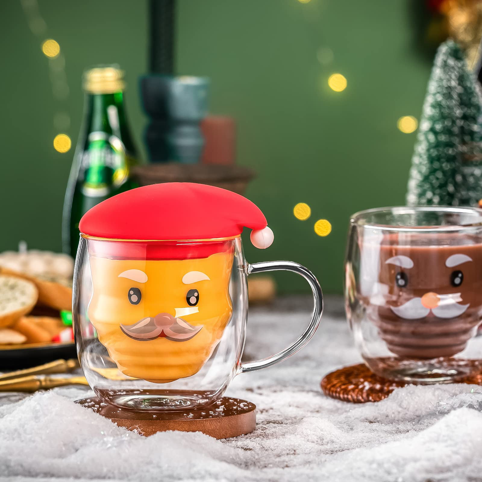 Christmas cup,Double Wall insulated Coffee mugs, 10 Ounces-Clear Glass with  Handle, glass cup with snowman cup cover(Blue Snowman) 