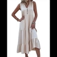 thumbnail image 3 of Vestido Informal para Mujer, Sin Mangas, Cuello en V, Botones, para Playa, con Volantes Escalonados, Falda , Vestidos Midi. Albaricoque M, 3 of 10