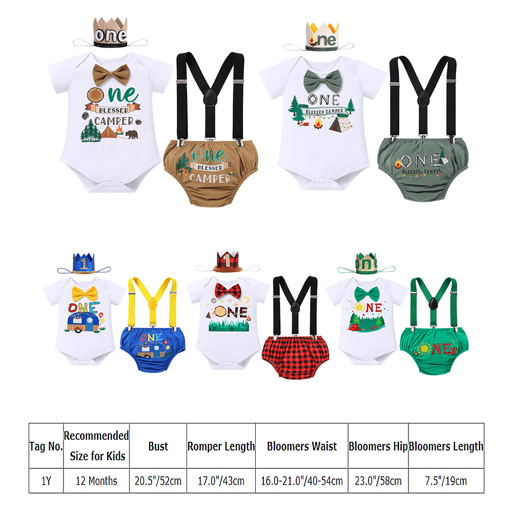 Baby Boy Camping Theme First 1st Birthday Cake Smash Outfit One Year Old  Party Photo Shooting Props Cotton Short Sleeve Romper Diaper Cover Shrots  Suspenders Headband 4pcs Set Army Green 