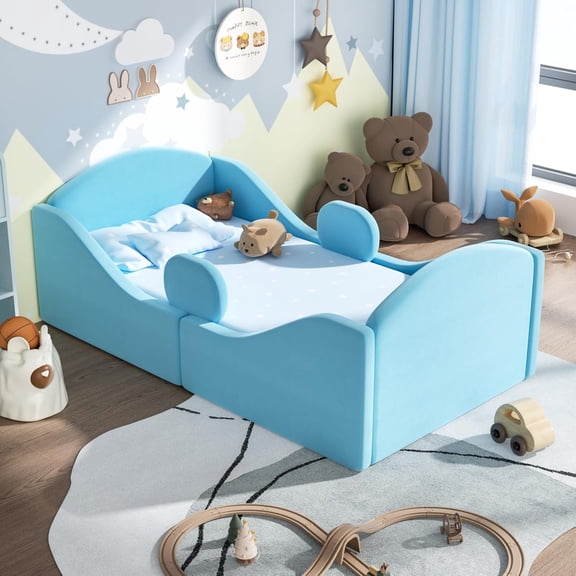 Toddler floor bed with removable safety rails, suitable for both boys and girls, standard crib size, soft-padded safety mattress, low-profile design (Blue).