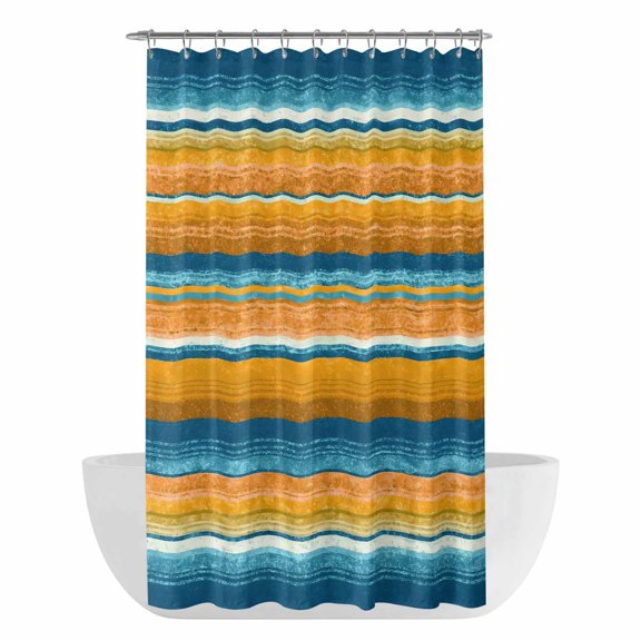 Blue Gold Striped Shower Curtain - Water Repellent Fabric Shower Curtains Washable, Abstract Vintage Watercolor Geometric Decorative Polyester Cloth Bathroom Curtains Modern Bath Decor 36"x72"