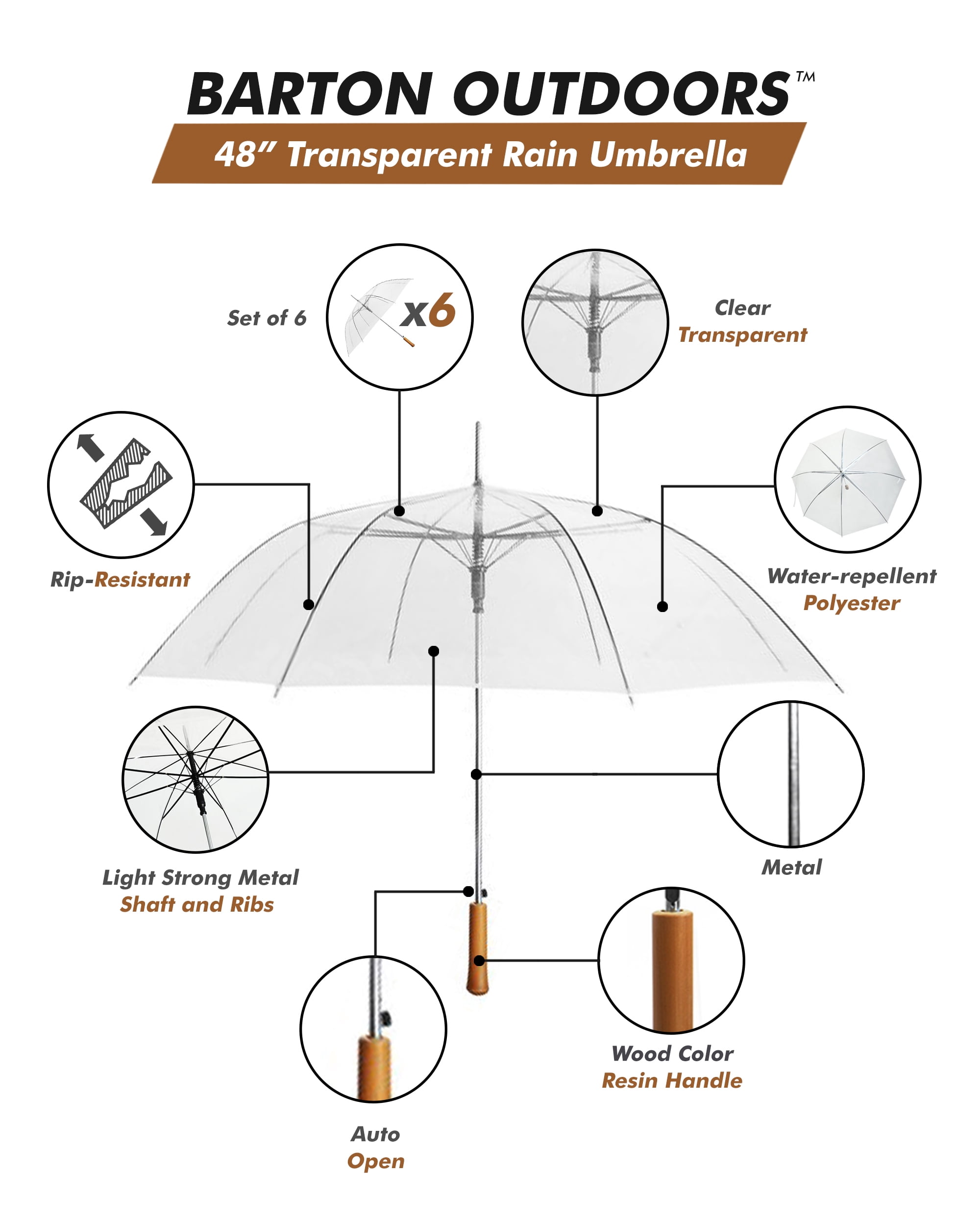 Barton Outdoors™ 48" Auto-Open Clear Transparent Rain Umbrella, Regular Adult Size, 6 Pack