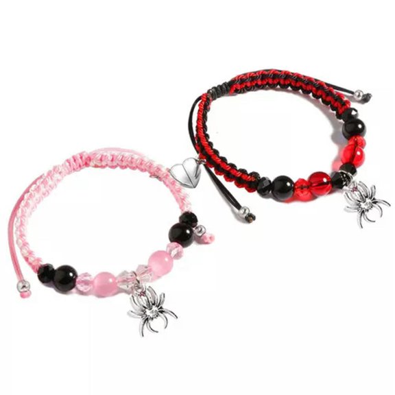HOOUN 1Pair Spider Matching Bracelets Charm Bracelet Halloween Jewelry Fashion Jewelry-Pink Red