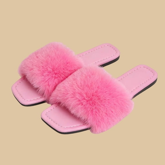 Samdudou Fuzzy Slippers for Women Fluffy Faux Fur Open Toe Slides Stylish Square Toe Flat Sandals Indoor Outdoor House Shoes Plush Fashion Footwear for Summer Leisure