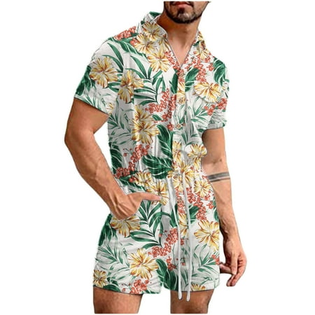 

Levmjia Men s Suit Big and Comfort Fit Set Clearance Casual Pocket Turndown Hawaii Print Button Placket Siamese Suit