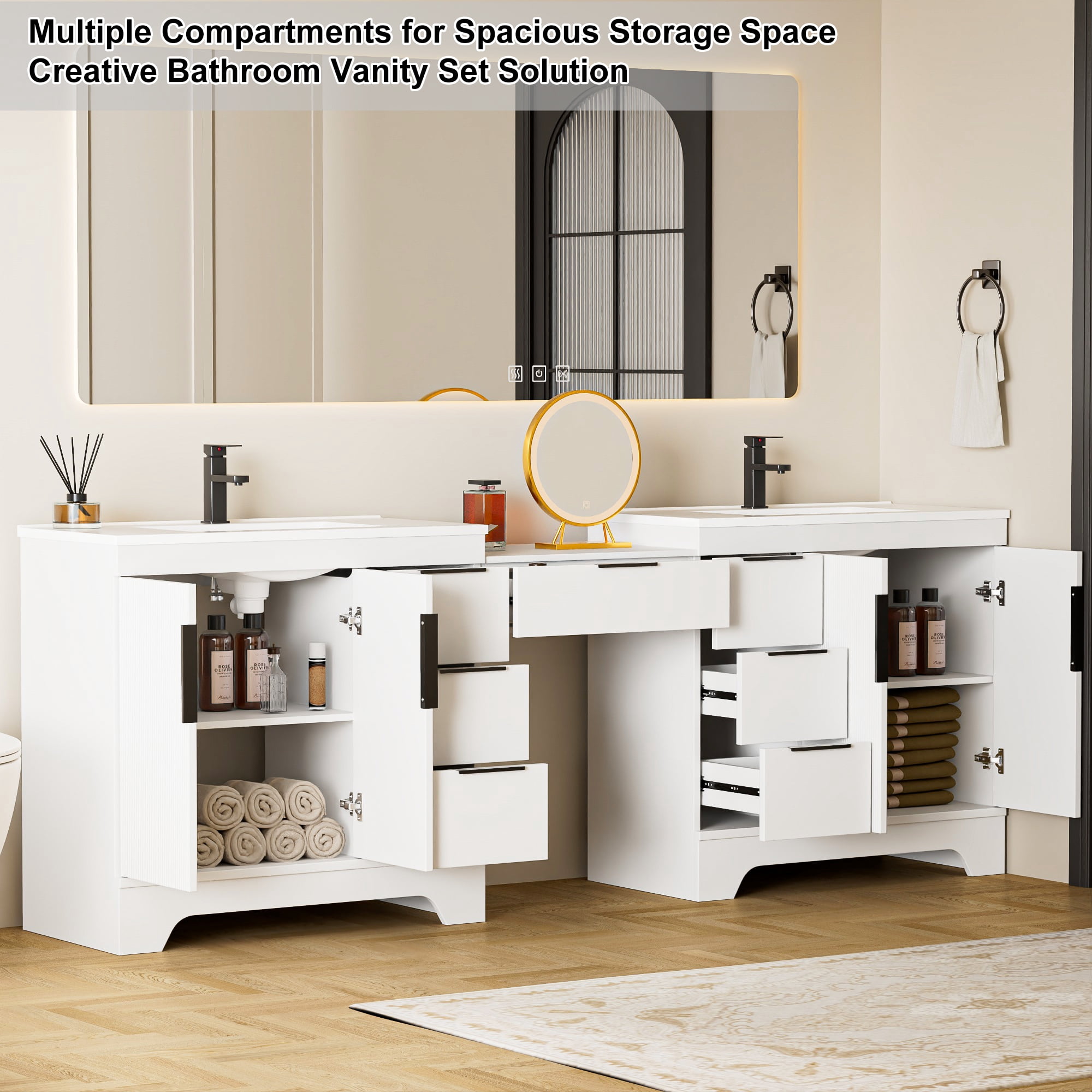 Eclife 96'' Bathroom Vanity with Double Integrated Sink, Wall-Mounted Makeup Table, Soft-Close Doors