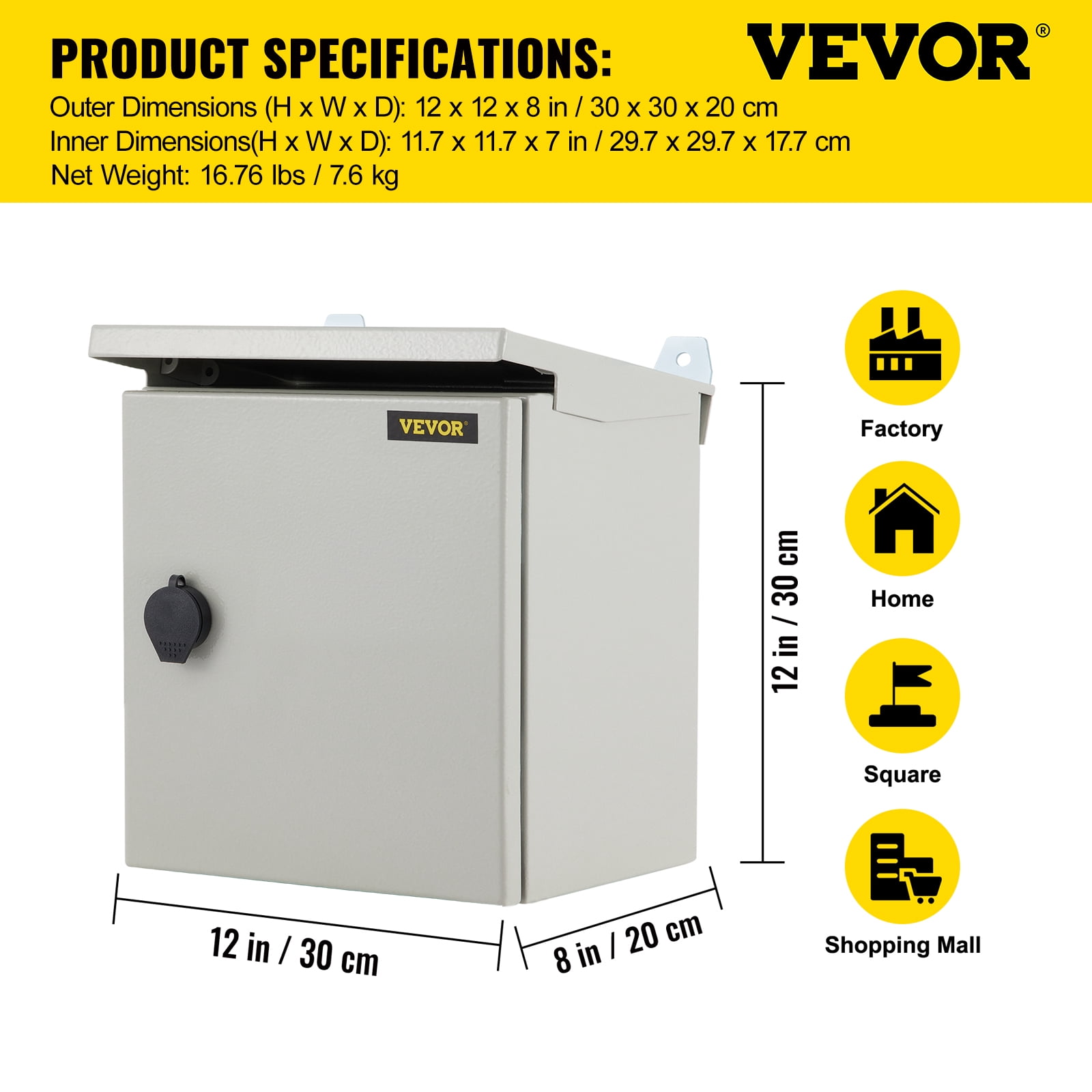 VEVOR Electrical Enclosure, 12'' x 12'' x 8'', UL Certified NEMA 4 Outdoor Enclosure, IP65 Waterproof & Dustproof Cold-Rolled Carbon Steel Hinged Junction Box for Outdoor Indoor Use, with Rain Hood