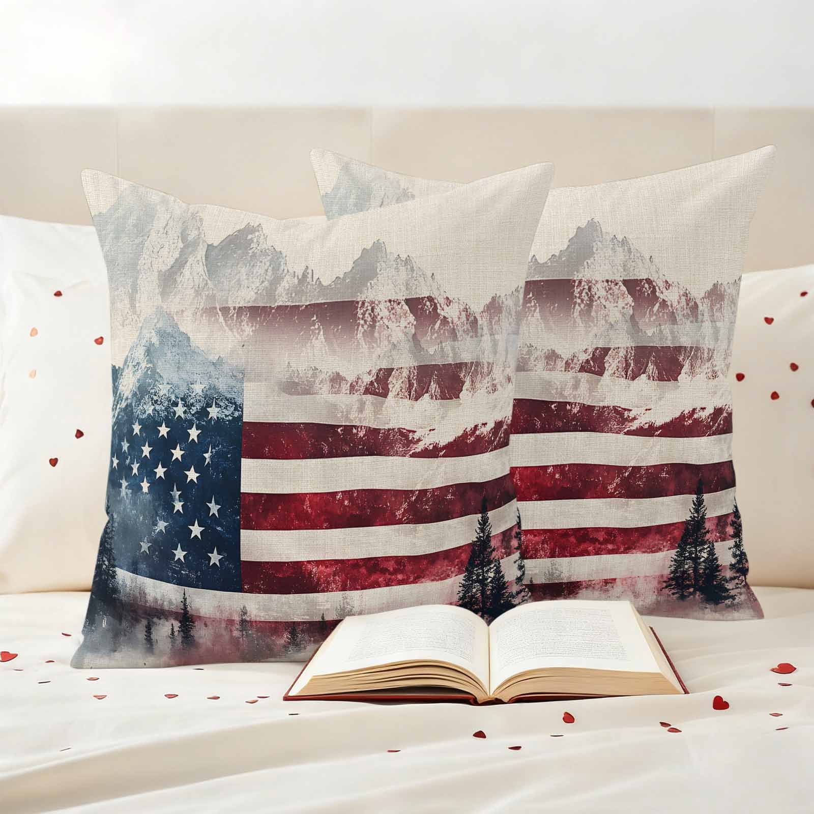 4th of July Outdoor Waterproof Pillow Covers, Forest Independence Day USA Flag Decorative Square Throw Pillowcase Sofa Cushion Sham for Patio/Couch/Chair, 18"x18" 2 Pack