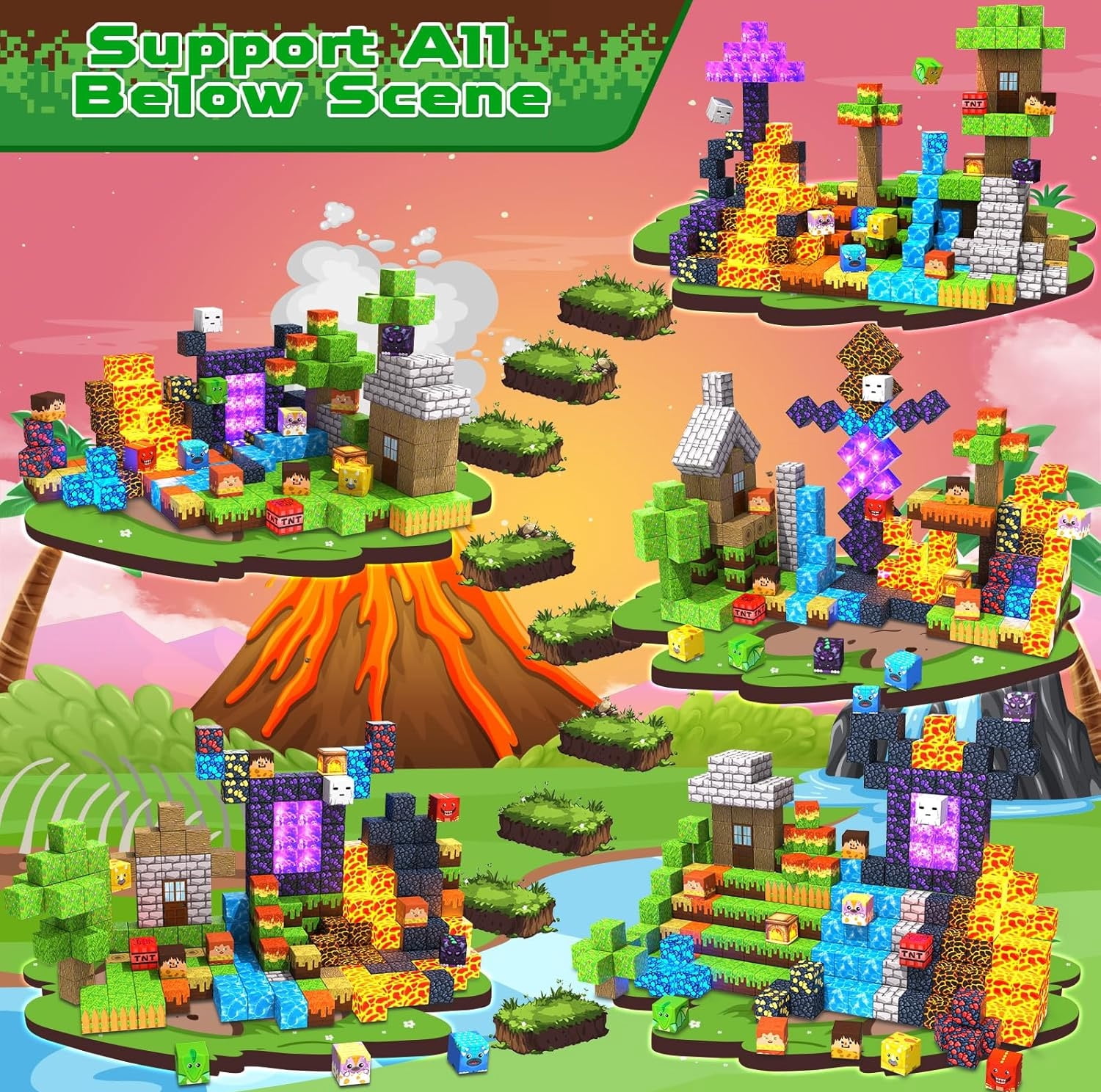 Annexfun Magnetic Blocks - 300 Pcs with Light Up Blocks Dinosaur Volcano Forest Castle Set -  Kids Classroom Toy for Toddlers STEM, Construction Stacking Toy Kids 3+ Birthday Gifts