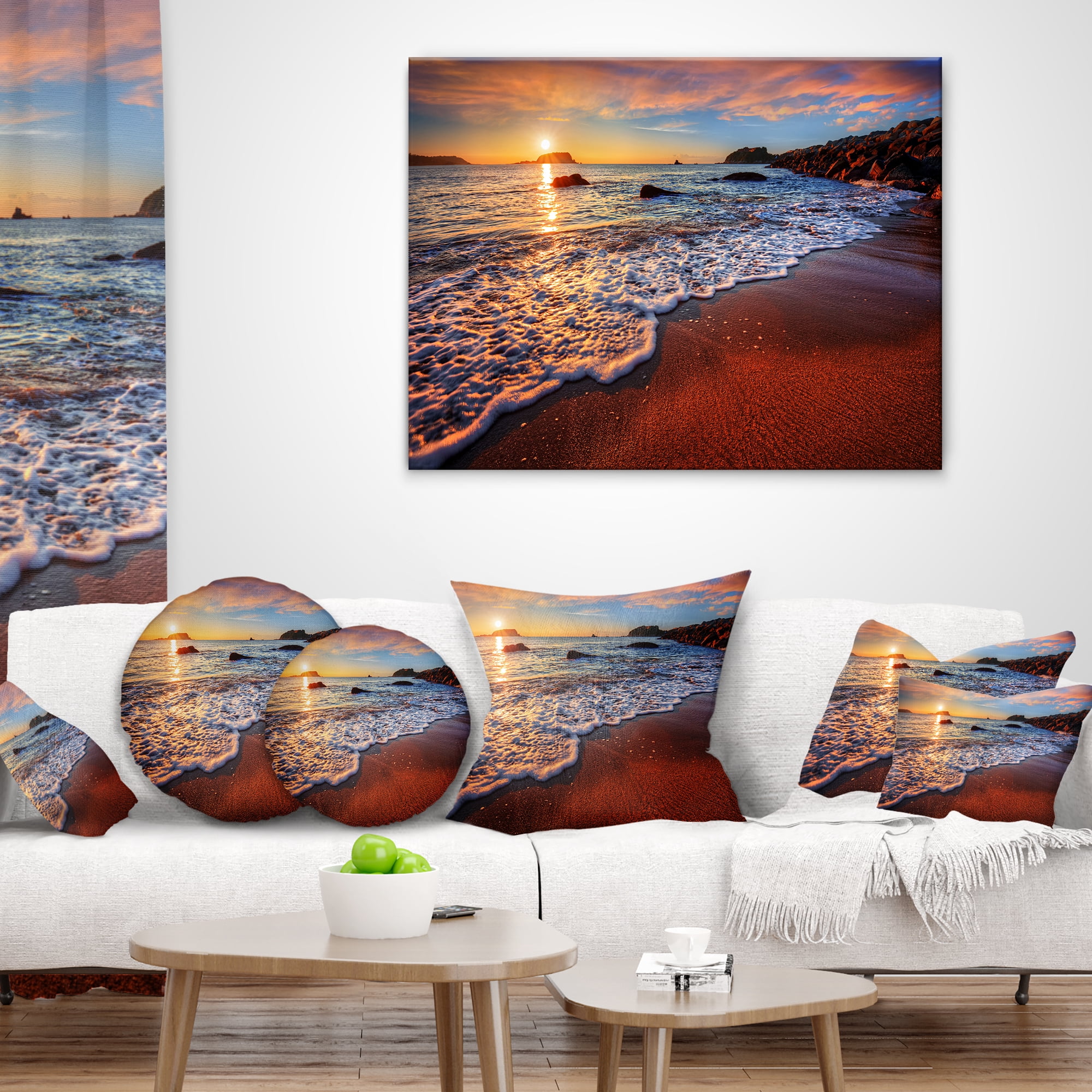 Designart Stunning Ocean Beach at Sunset - Seashore Throw Pillow - 12x20