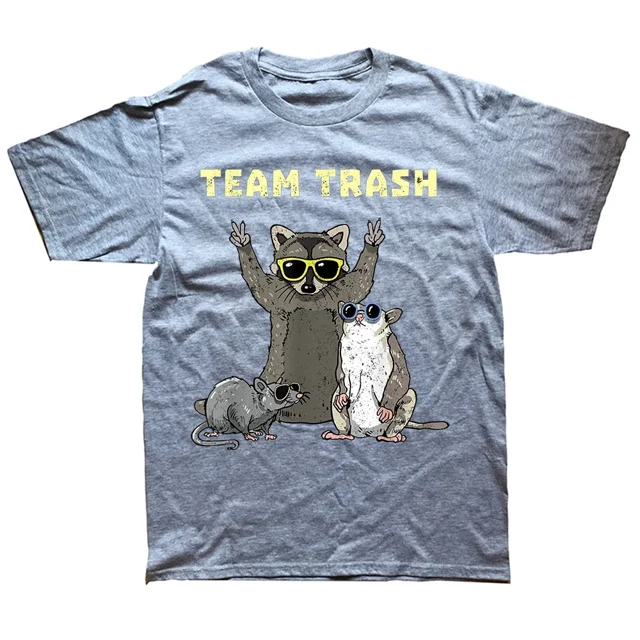Camiseta de moda de cuello redondo y manga corta, ropa informal, camisetas divertidas de animales del equipo de la basura, zarigüeya, mapache, rata