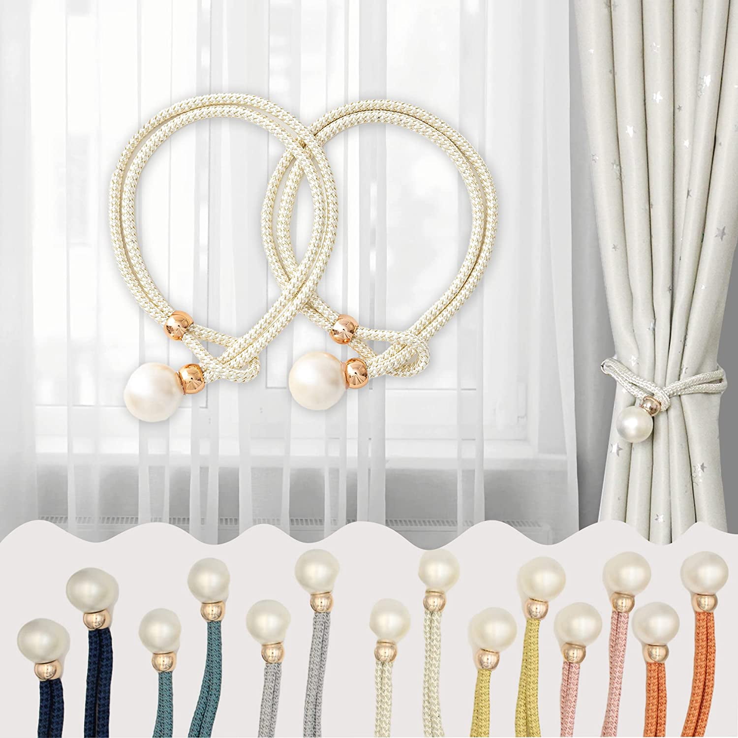 Curtain Tiebacks with Pearls 2pcs Heavy Duty Curtain Rope Tieback