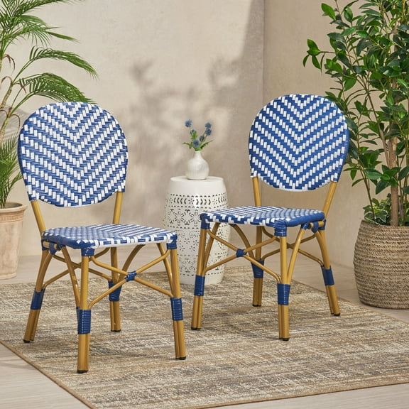 Patio Furniture Outdoor PE Ratten and Aluminum French Armless Bistro Chairs, Set of 2, Navy Blue, Bamboo Print Finish,Outdoor Sofa