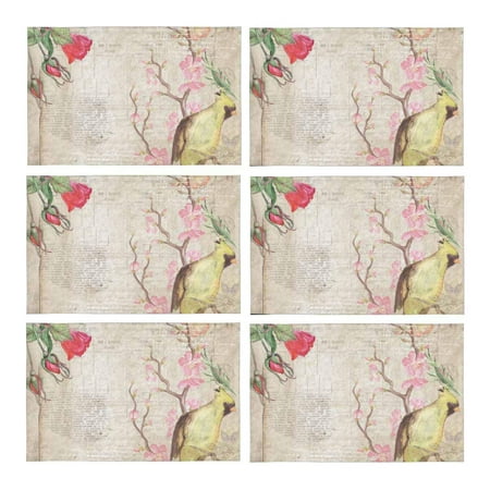 

MKHERT Vintage Postcard Bird with Flowers Placemats Table Mats for Dining Room Kitchen Table Decoration 12x18 inch Set of 6