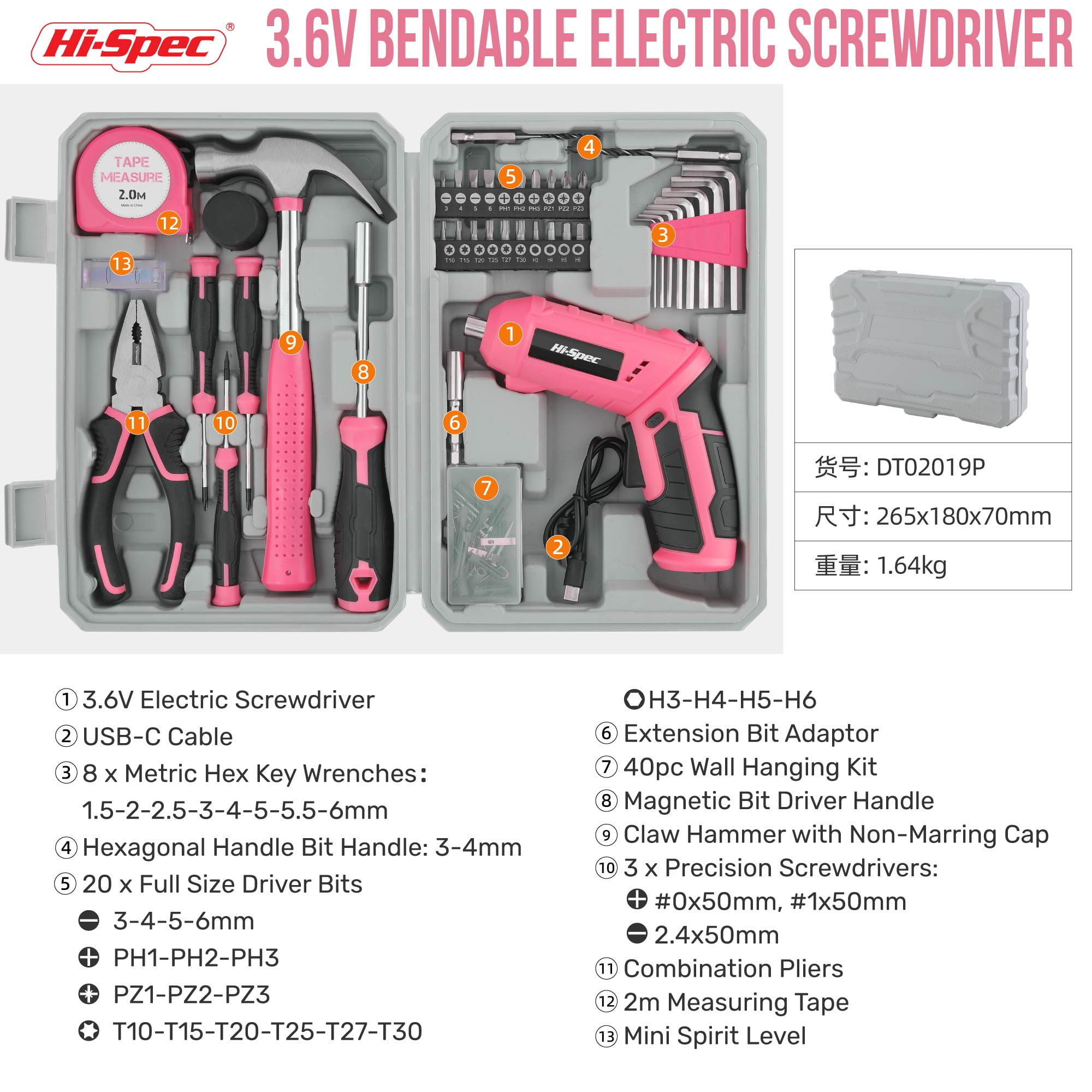 Hi-Spec 42pc Pink 4V USB Electric Power Driver & Household Womens Tool Kit. Cordless Power Screwdriver and Hand Tools in a Compact Box Case