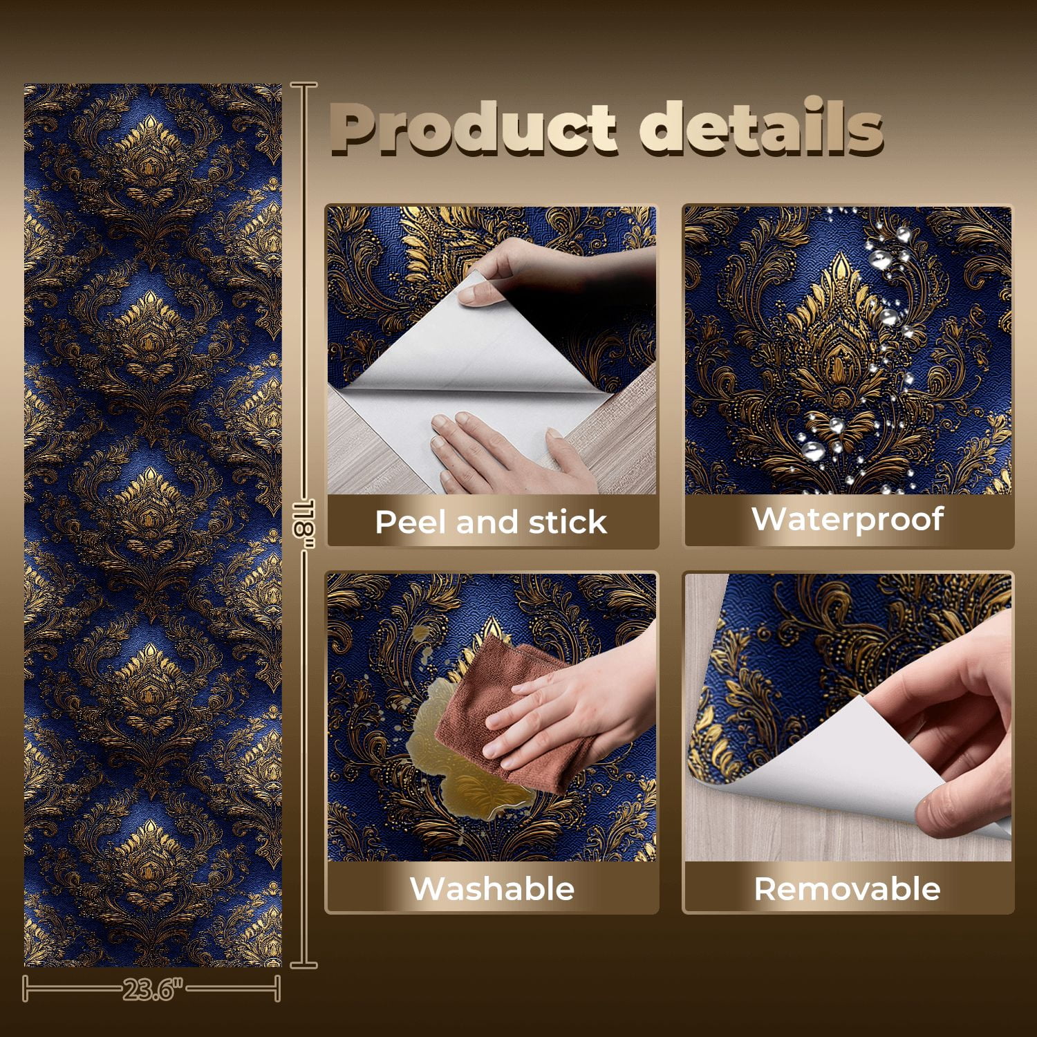 Baroque Peel and Stick Wallpaper Elegant Vintage Damask Intricate Gold Floral Wall Mural 23.6in x 9.8ft Self Adhesive Removable Wall Paper Renter Friendly Wallpaper for Bedroom Livingroom Men