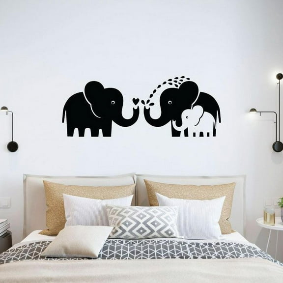Mom Dad And Baby Elephant Lovable Family Silhouette Cartoon Vinyl Wall Art Wall Sticker Wall Decal Decoration For Home Room Kids Room Nursery Room Girls Boys Décor Design Style Size (27x30 inch)