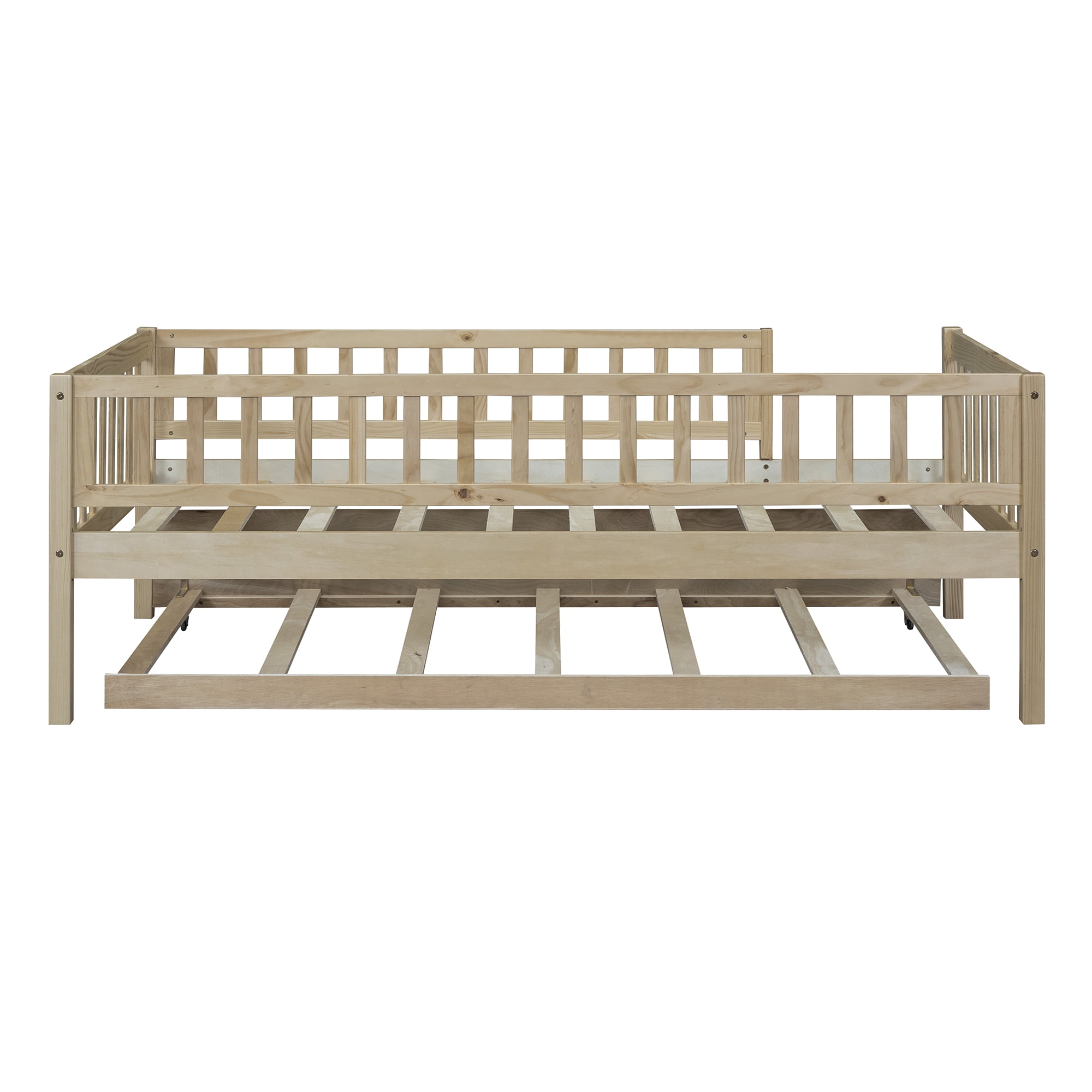 Holaki Twin Size Wood Bed with Trundle and Guardrails for Kids, Natural