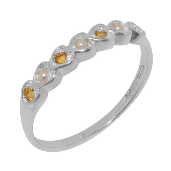 LBG British Made 925 Sterling Silver Cultured Pearl & Citrine Womens Eternity Ring - 33 size options - Size 8.75