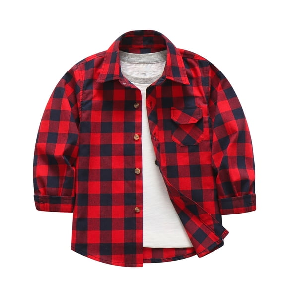 XXWXYD Boys Girls Plaid Flannel Shirt Button Down Long Sleeve Unisex Kids Holiday Shacket Collared Basic Formal Casual Fall Winter