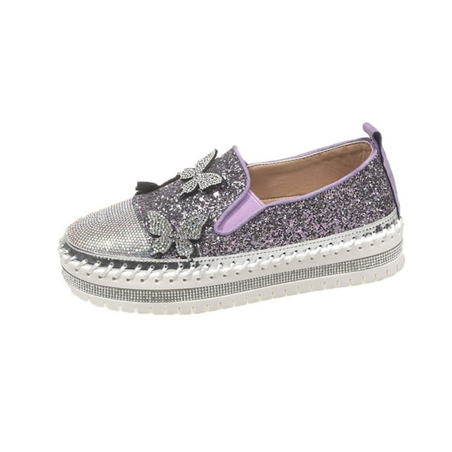 Chaussures pour Femmes Purple à Enfiler avec Strass, Bout Rond, Décolleté Peu Profond, Semelle Épaisse, Confortables, Décontractées