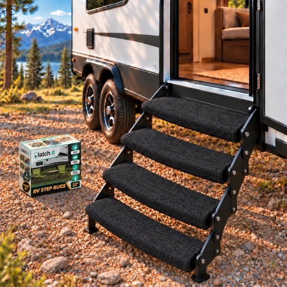 LATCH.IT Rounded RV Step Covers 4 Pack | 22-inch Wide Camper Step Covers for 8-11" Deep Radius Steps Only | Black RV Stair Carpet | RV Step Cover | Keep Your RV Cleaner with our Radius RV Stair Cover