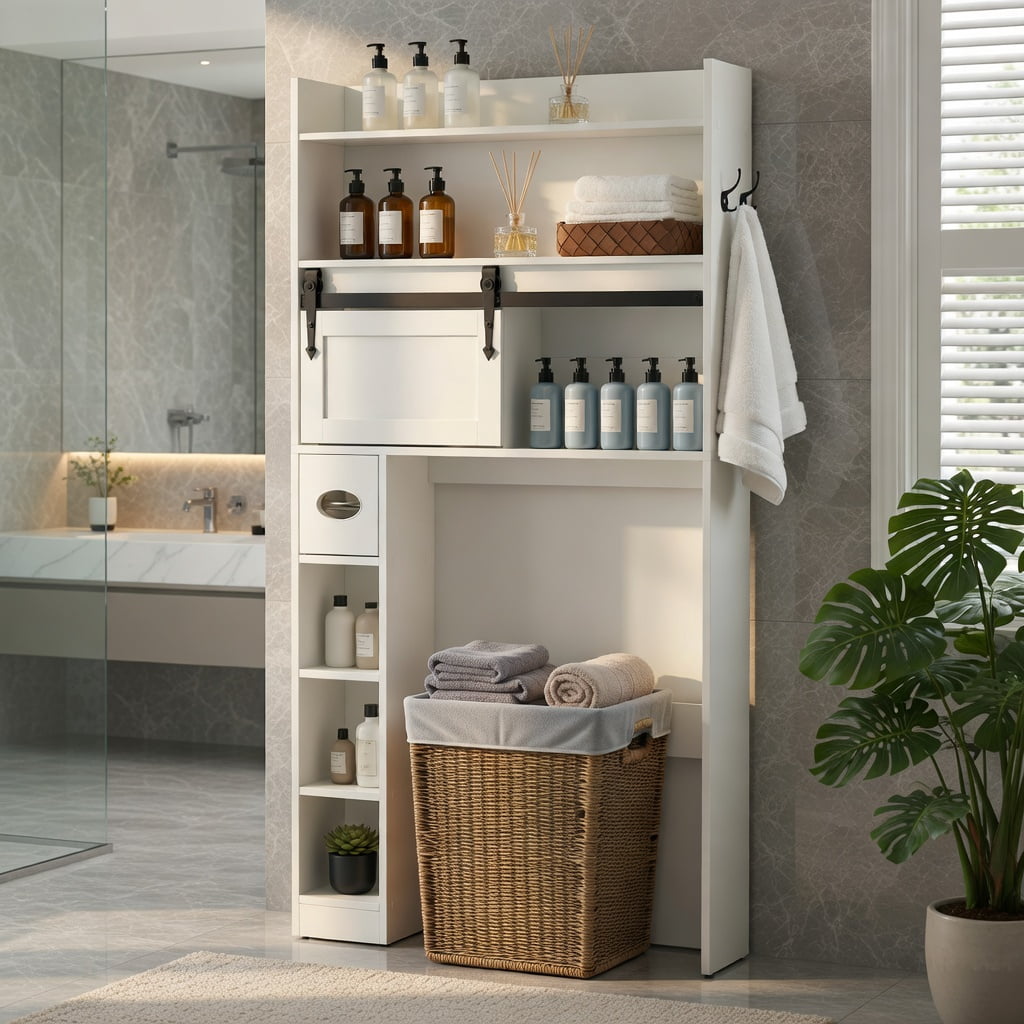 Hommoo Over-the-Toilet Storage Cabinet with Sliding Barn Door, Adjustable Shelves & Toilet Paper Holder, White