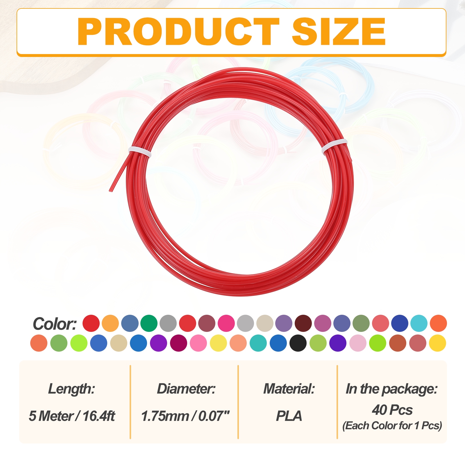 Uxcell 40 Pcs 3D Pen Filament, 1.75mm Dia 16.4ft Length PLA 3D Printing Pen Filament Refills for 1.75mm 3D Printing Pen, 40 Colors