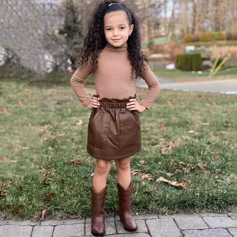 Mialoley Kid Girl Set Knitting High Neck Tops Spring Leather