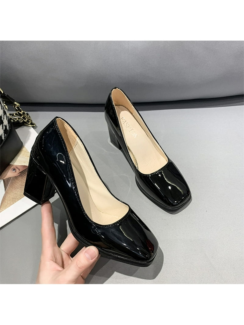 Dress Shoes Black Shoes Ladies Heels （black）New Arrival Women Classic Pumps Shoes Spring Summer Black Leather  Mary Jane Heels Fashion Buckle Platform Shoes Woman Size 35-39 DON