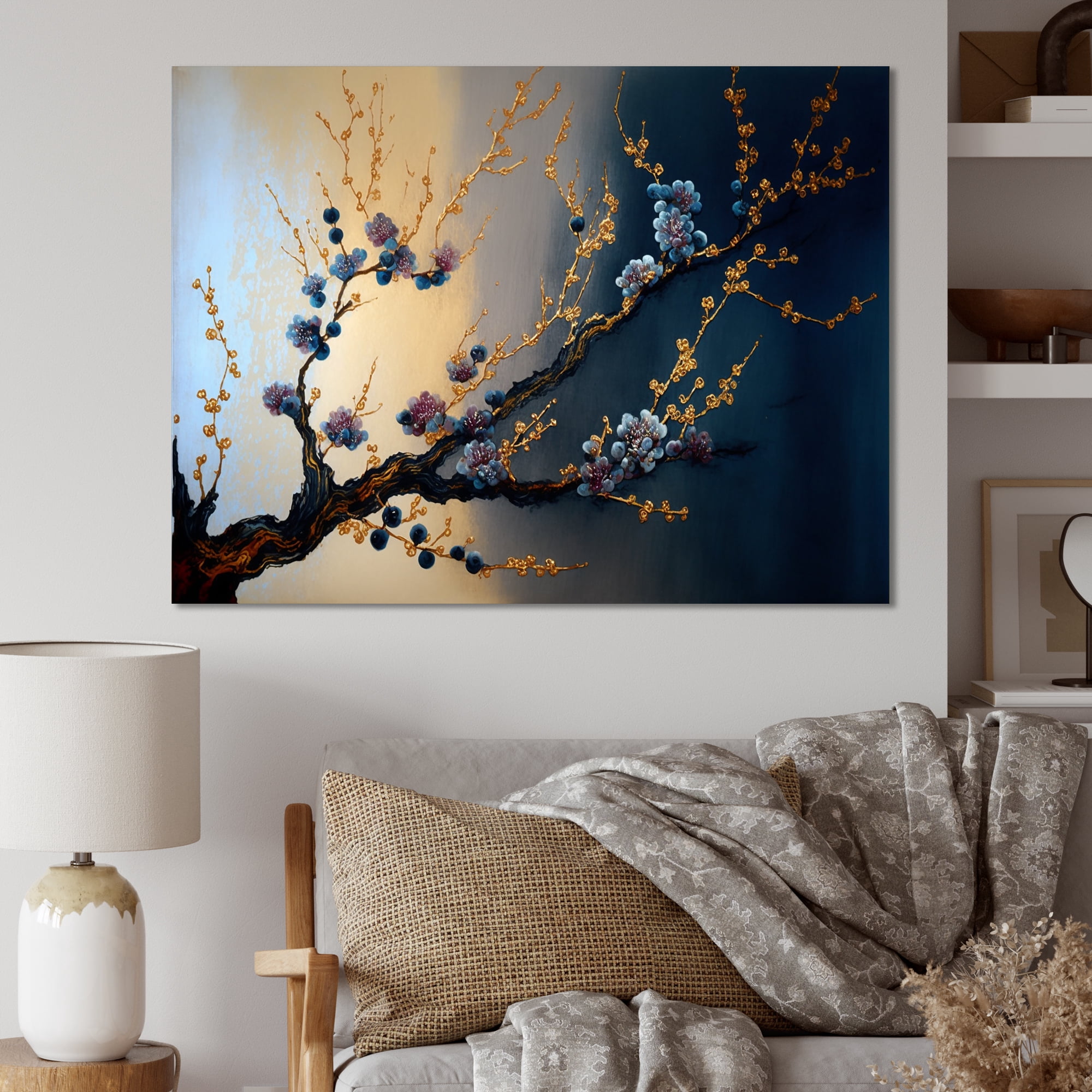 Designart Blue Cherry Blossom Branch I Canvas Wall Art