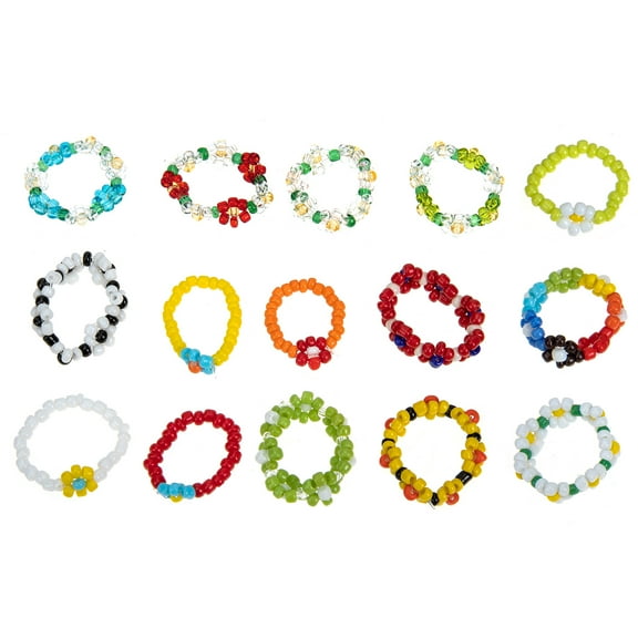Qnmwood 15pcs Flower Beaded Rings Handmade Stretch Resin Rings for Women