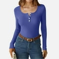 thumbnail image 2 of WTOBBY Women's Solid Color U-Neck Pullover Long Sleeve Slim Fit Top, Casual Layering Tee with Button Accent, Comfort Stretch Fabric for Base Wear,Blue L, 2 of 6