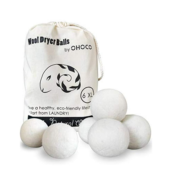 OHOCO Boules de Séchage de Laine 6 Pack XL, Laine Naturelle Biologique pour le Linge, Adoucissant Tissu - Antistatique, Coffre-Fort pour Bébé, Pas de Peluche, Inodore et Réutilisable Blanc