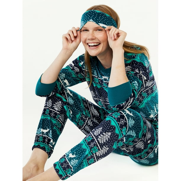 Joyspun Women's Holiday Heritage Velour Pajama Sleep Set with Eye Mask