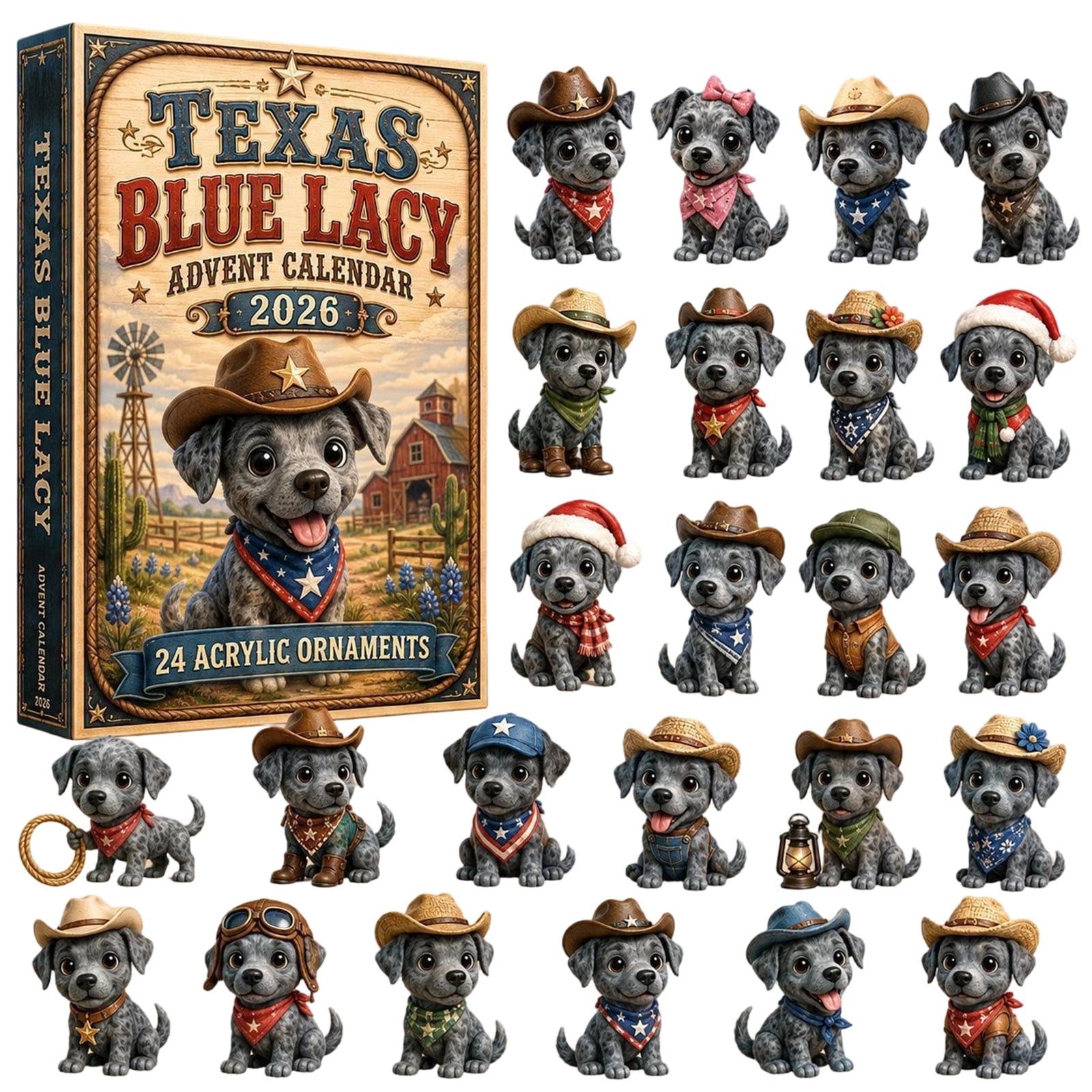 Christmas Advent Calendar Texas Blue Lacy Mystery Box 24 Pcs 2D Acrylic Pendants Countdown Surprise Collectible Hanging Decor Cute Charming Fun Gifts for All Ages