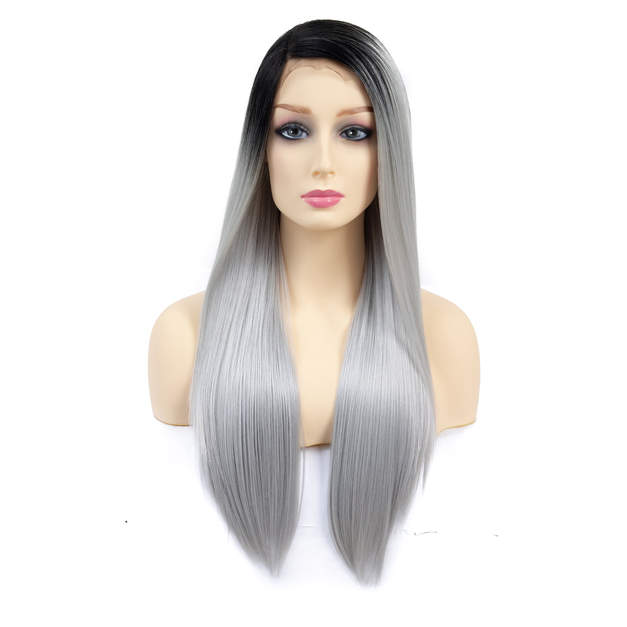 24 Inches Long Party Straight Gray Blonde Hair Women Fashion Lady Lace Front Wig