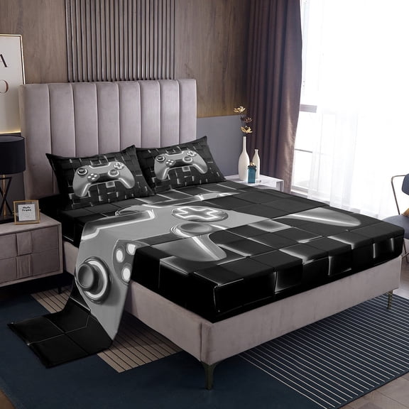 Erosebridal Gray Gamepad Bed Sheets Set Twin Size, Neon Light Geometric Square Bedding Sets Twin Size, Gaming Bedroom Decor 3pcs