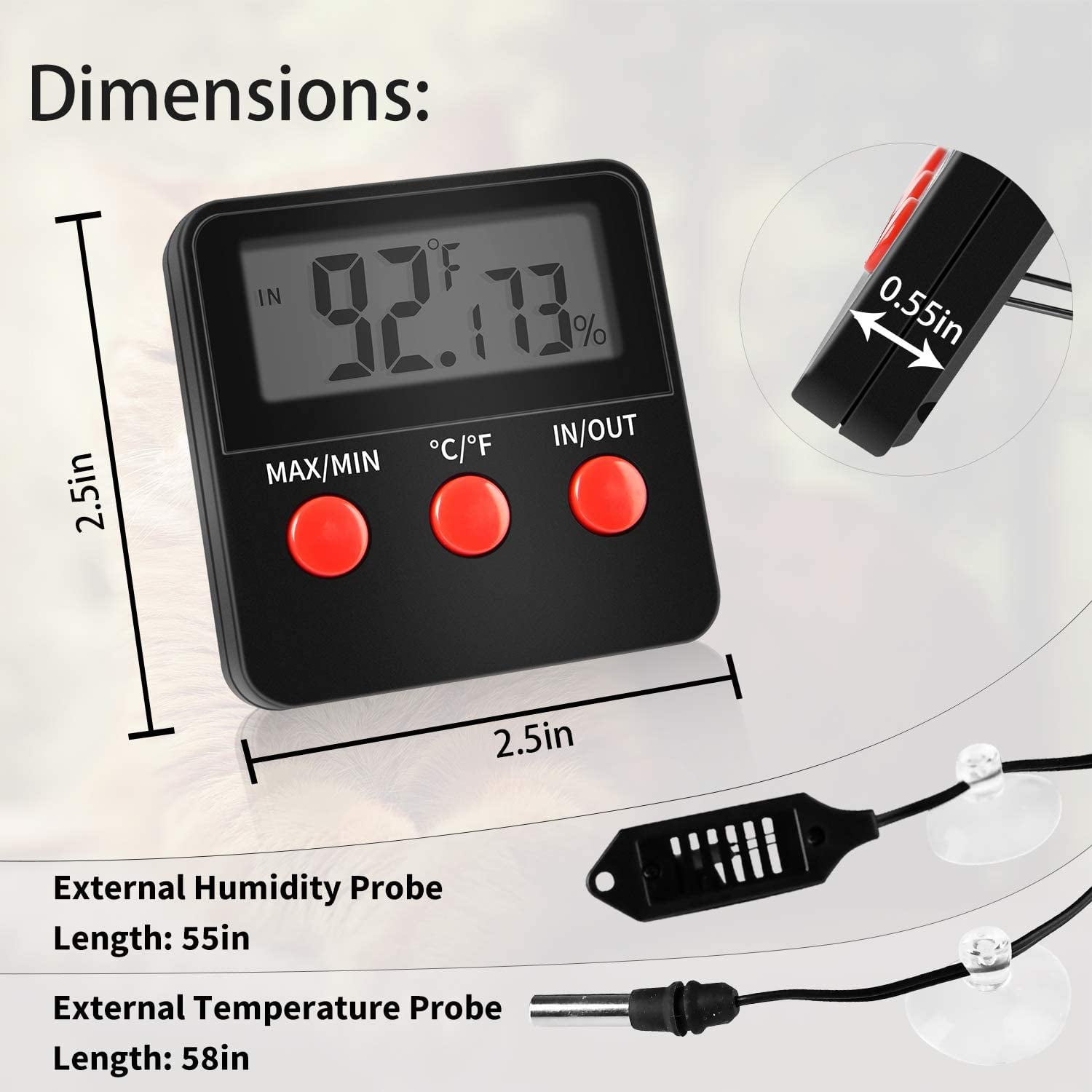 Kangkang@ LCD Digital Embedded Thermometer Hygrometer with External Probe for Incubator Aquarium Poultry Reptile Black 
