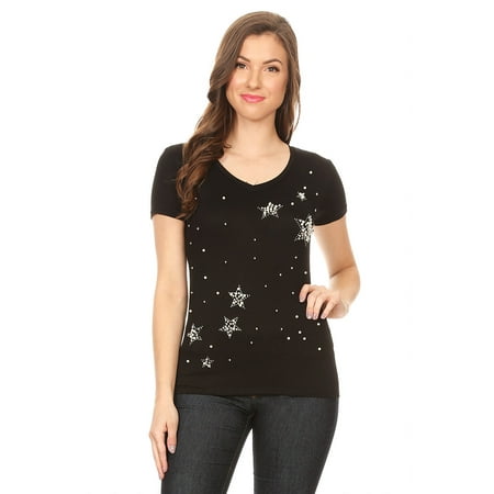 Pearl V-neck - 3785 Women Top V-Neck Short Sleeve Casual Fit Soft Stretch With Pearls Black S