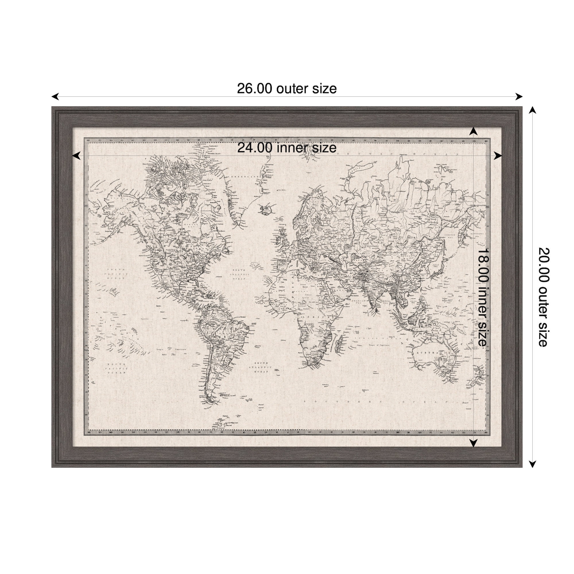 Kate and Laurel Framed Fabric Pinboard 26 x 20, Vintage Black and White Linen World Map Printed Linen Classic Bulletin Board for Use as a Vision Board or Wall Organization, Florence Pewter Frame