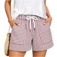thumbnail image 2 of Oiangi Women's Striped Shorts Elastic Waist Drawstring Beach Boxers Summer Casual Pockets Travel Shorts Red M, 2 of 5