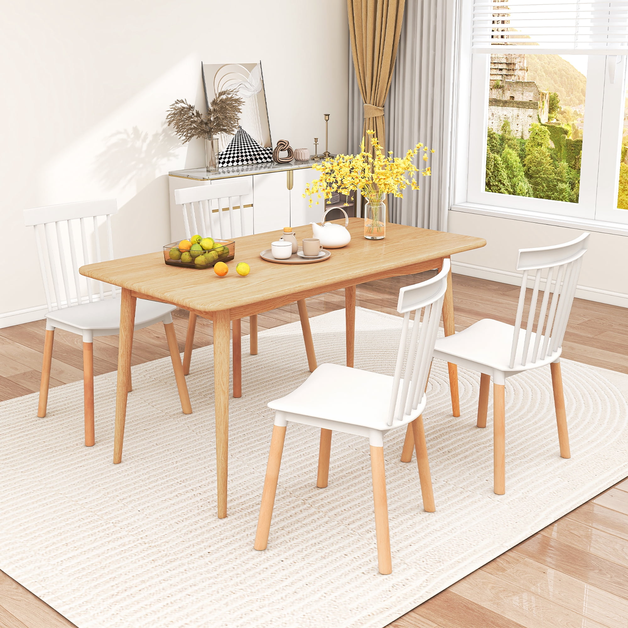 Gymax Set of 4 Windsor Dining Chairs Dining Chairs w/ Spindle Backs & Curved Seats White