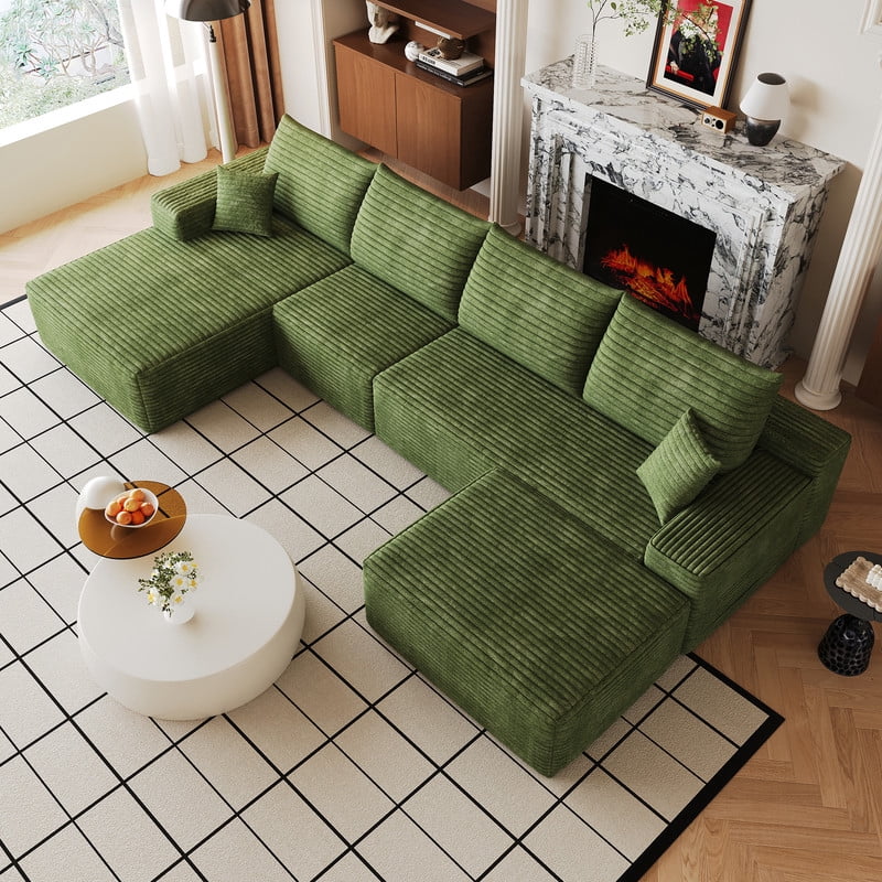 135" Cloud Sectional Sofa with Ottoman, U-Shaped Modular Sofa Couch with Chaise, Modern Minimalist Deep Seat Upholstered Sectional for Living Room, Plush Corduroy Fabric Corner Sofa