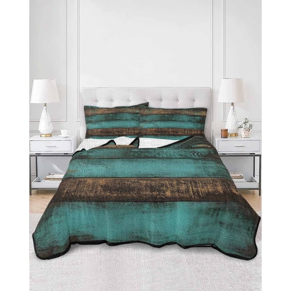Quilts Queen Size, Vintage Teal Stripe Soft Comforter Bedding Set for Bed, Farmhouse Shabby Turquoise Lightweight Quilted Bedspread with Pillow Cover(2 Pieces) for All Season, 90x96 Inch