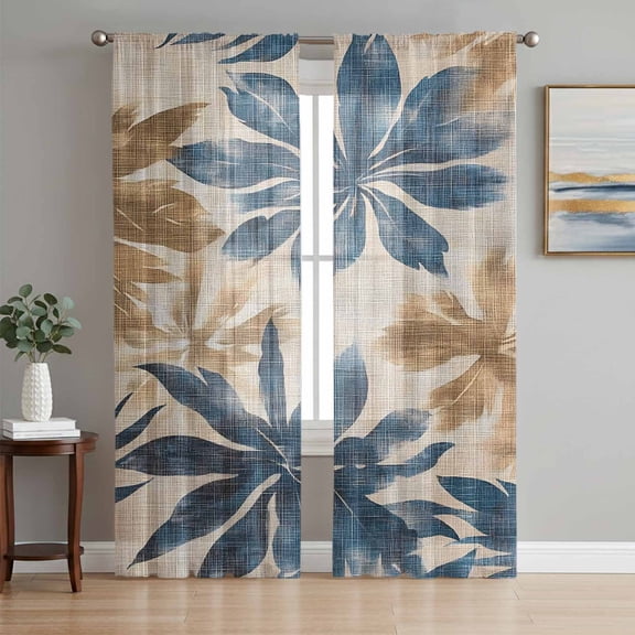 Navy Blue Brown Semi Sheer Curtains 72 Inch Length 2 Panels Set, Tropical Botanical Palm Leaves Vintage Sheer Kitchen Curtain Privacy Voile Window Curtain for Living Room Bedroom Rod Pocket Drapes