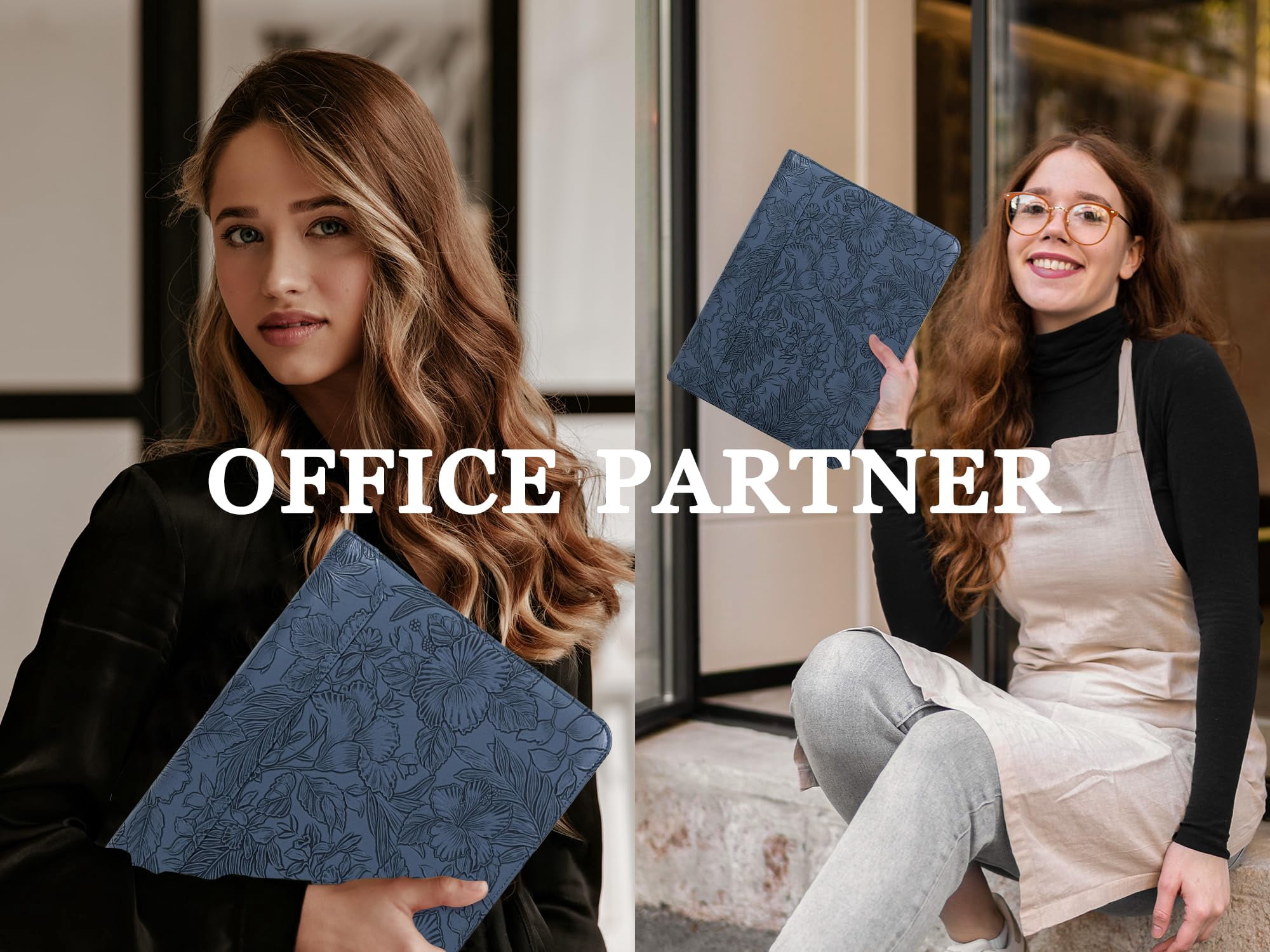 Premium Blue Floral Leather Business Binder – A4 Organizer with Pen Slots, Phone Holder & Multiple File Pockets – Perfect for Office, Meetings & Professionals