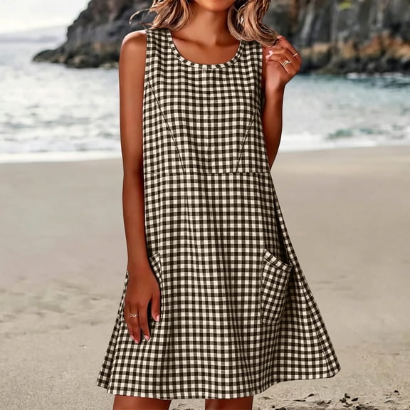 QUNYINEY Summer Sun Dresses Women Plus Size Sleeveless Plaid A Line Midi Tank Dress Loose Fit with Pockets Beach Crew Neck Dresses