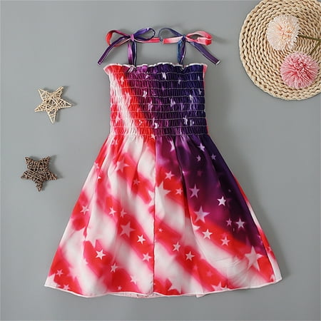 

pop seller Independence Day Cute Dress For Girls Adjustable Tie Shoulder Dress Smocked Strapless Girl Dress